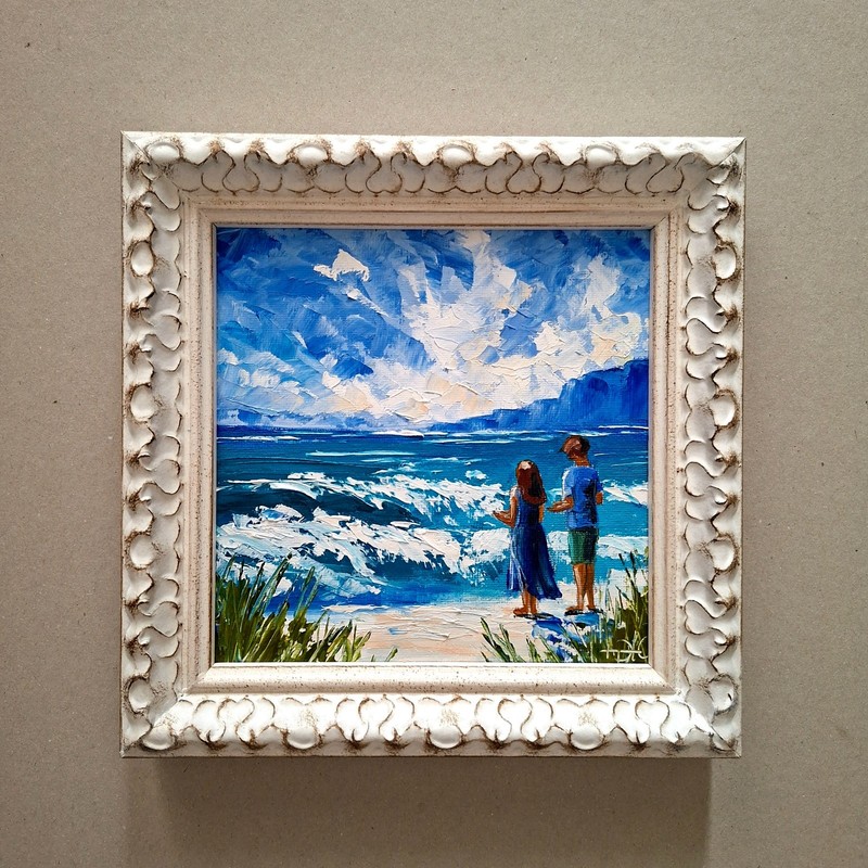 Couple Walking on Beach Original Oil Painting, Romantic Seascape Unframed
