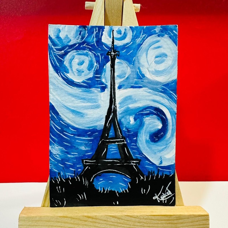 ACEO Original Acrylic Painting Eiffel Tower Paris Starry Night Sky Landscape Art gallery