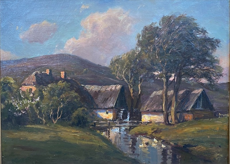 EDMUND FISCHER 1919-1944 DENMARK FARM MILL DUCKS POND SUPERIOR WORK