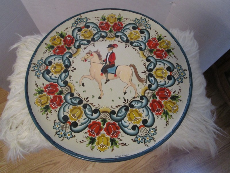 Folk Art ROSEMALING WOOD PLAQUE Hand painted SIGNED Equestrian Female 15.75” W