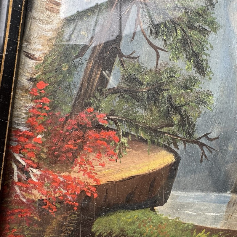Antique Folk Art Mountain Landscape Painting Cabin Sense 1900s Framed gallery