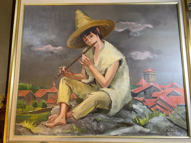 Large «Boy With Flute Scene» Oil Painting – Signed And Framed