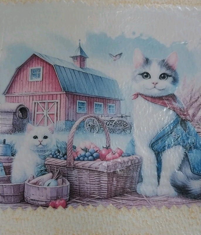 GAT Original Painting Mixed Media Kitten Cat picnic by Red Barn on Farm Gift Art
