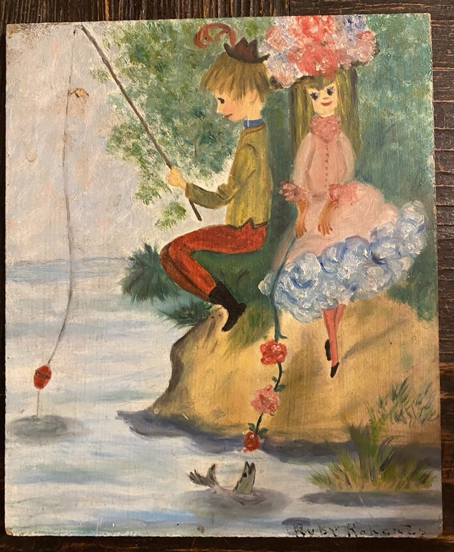 Vintage Original Small Painting On Board Children Fishing Signed Ruby Roberts