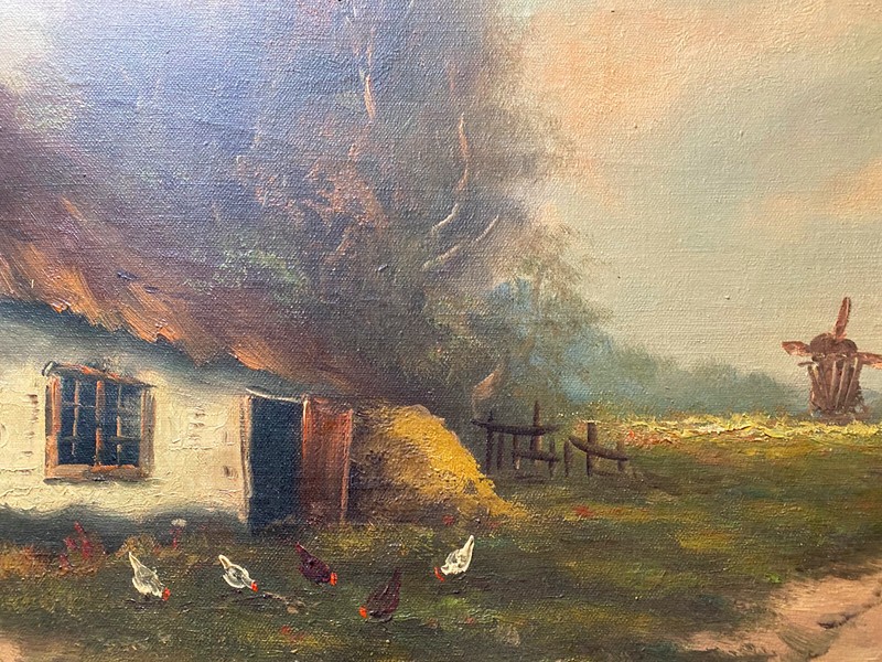 Oil Painting Undeutl. Sign 1900 Romantic Farm With Mill & Chickens gallery