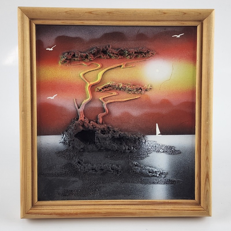 Convex spray acrylic clay sand seascape mid-century orange small painting