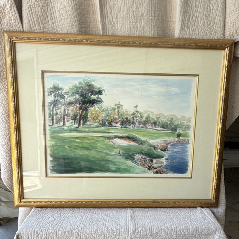 N. Gregory Golf Course Impressionist Framed Watercolor Painting Signed Original