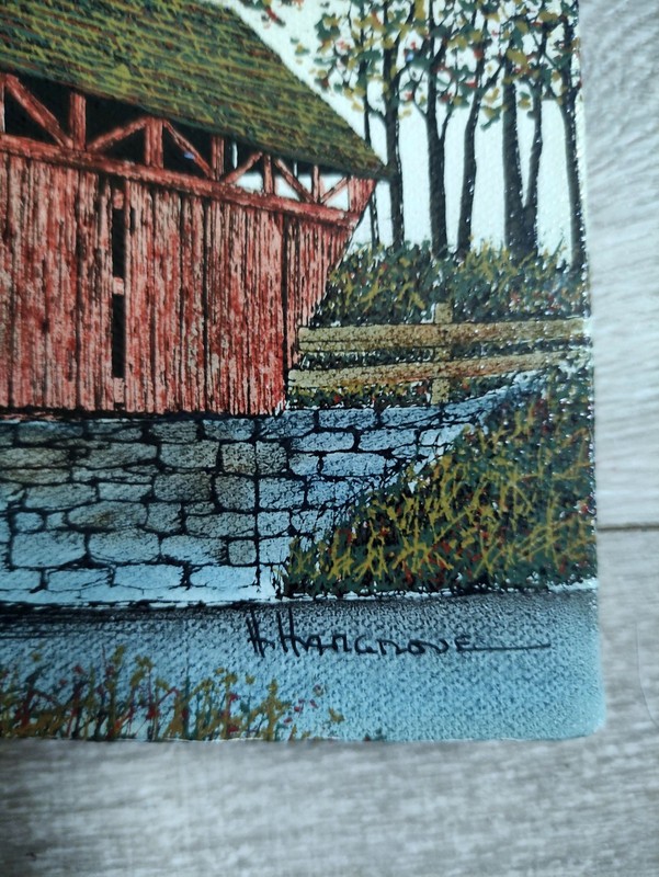 Vintage H. Hargrove serigraph oil painting Covered bridge amish horses, Signed gallery