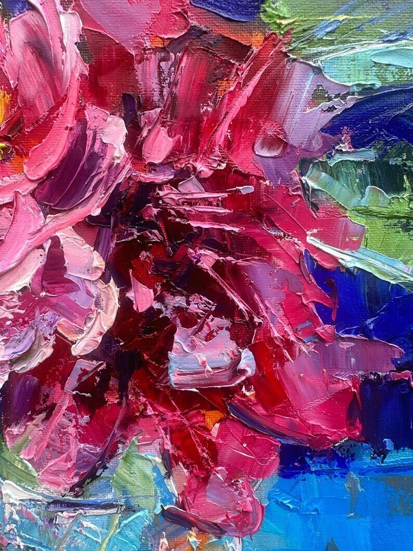 Floral Pink and Red Roses Flowers in a Glass Vase Oil Painting Canvas 20x16 Inch gallery