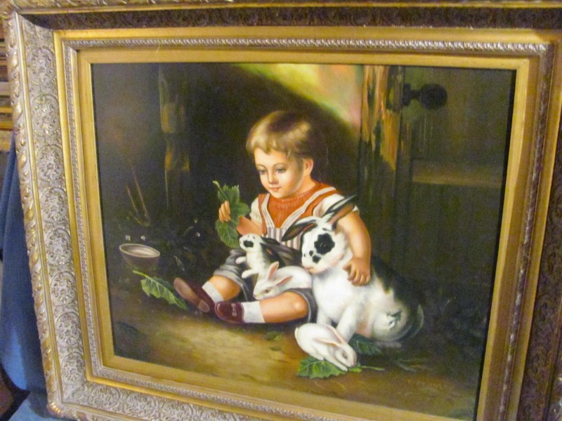 Young Boy with Pet Rabbits Victorian Style Oil Painting