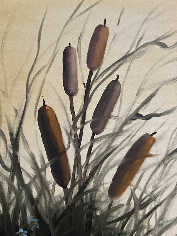 1985 Cat Tails Oil Painting Bamboo Ornate Frame Signed W. Hoedebeck 20x16 gallery