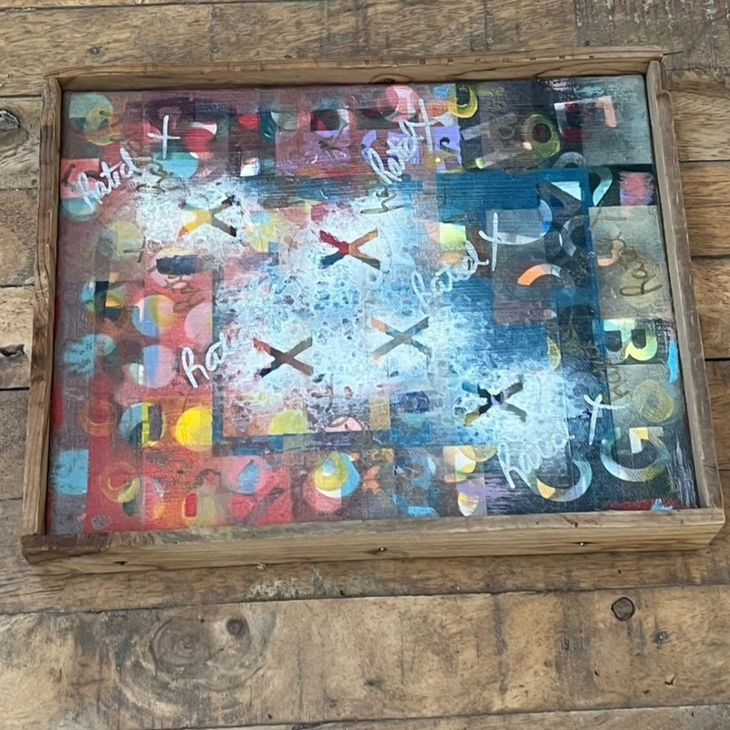 Mixed Media Abstract Painting Framed in Wood 8.5″x10.5″ Layered Colors & Writing
