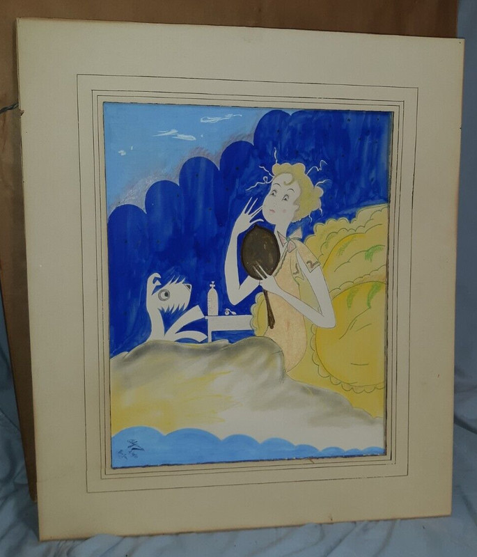 Art Deco Whimsical Illustration Painting 1930’s Lady Scottie Dog Signed 1937