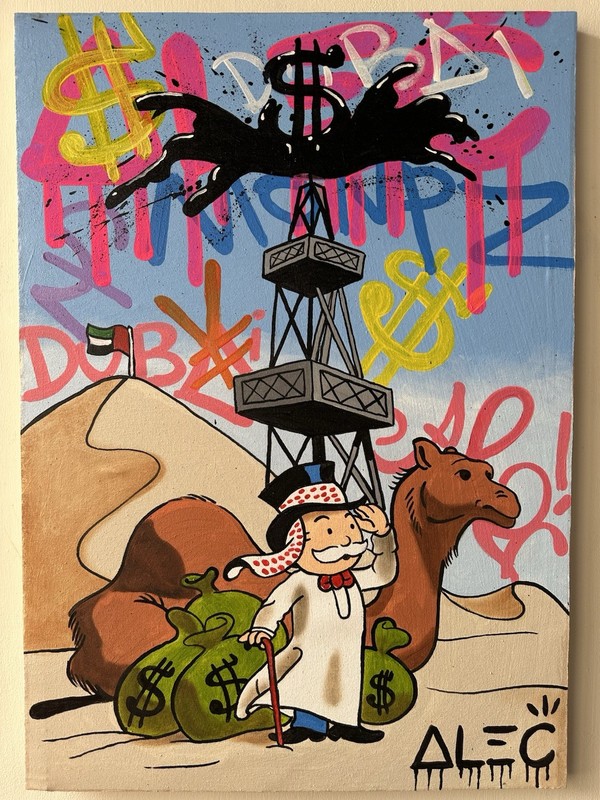 ALEC MONOPOLY OIL ON CANVAS PAINTING SIGNED AND SEALED STAMPED 70CM X 50CM