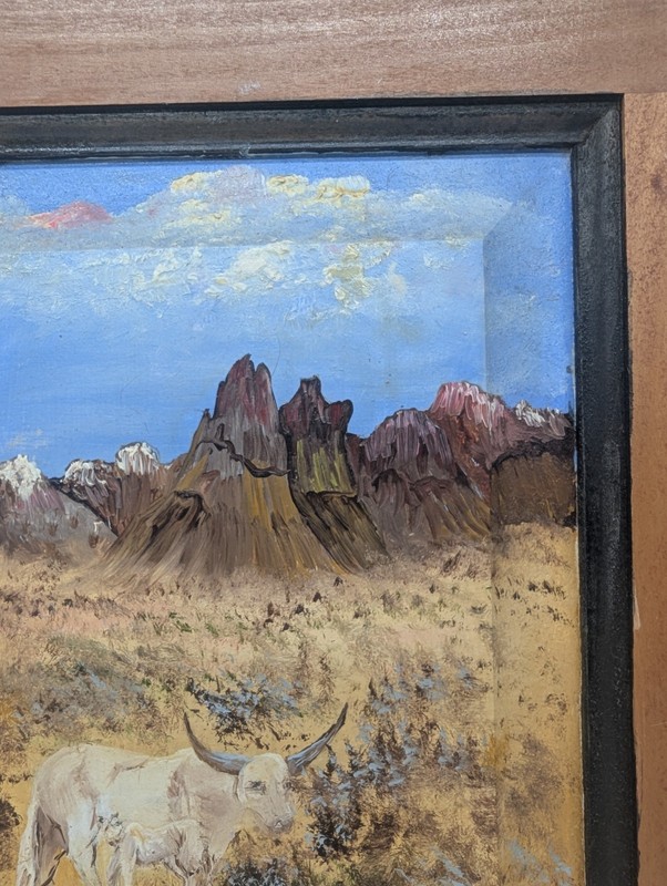 Original Hand-Painted Longhorn Cow Oil on Vintage Cabinet Door Rustic Southwest gallery