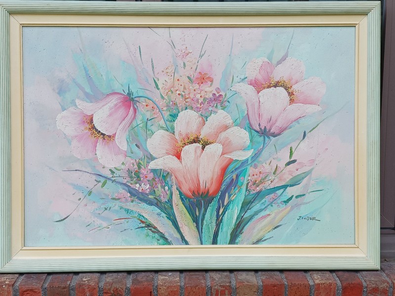 Large Floral Painting Open Pink Tulips- Mint, Sage and Cream Frame