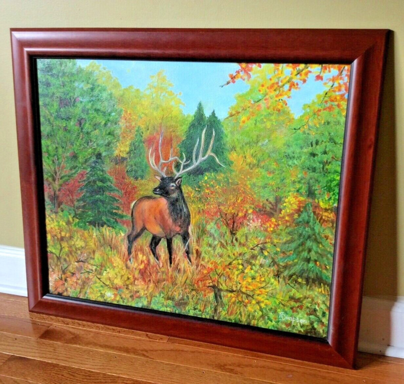 Moose oil painting Otiginal Art Spring season Wood Framed signed dark Academia