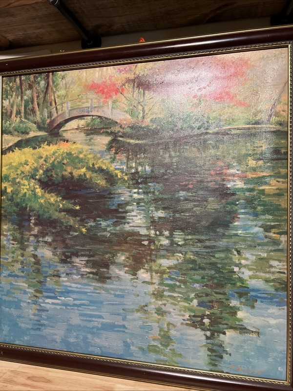 Embellished Ray Vinella Oil On Canvas Transfer -River Footbridge