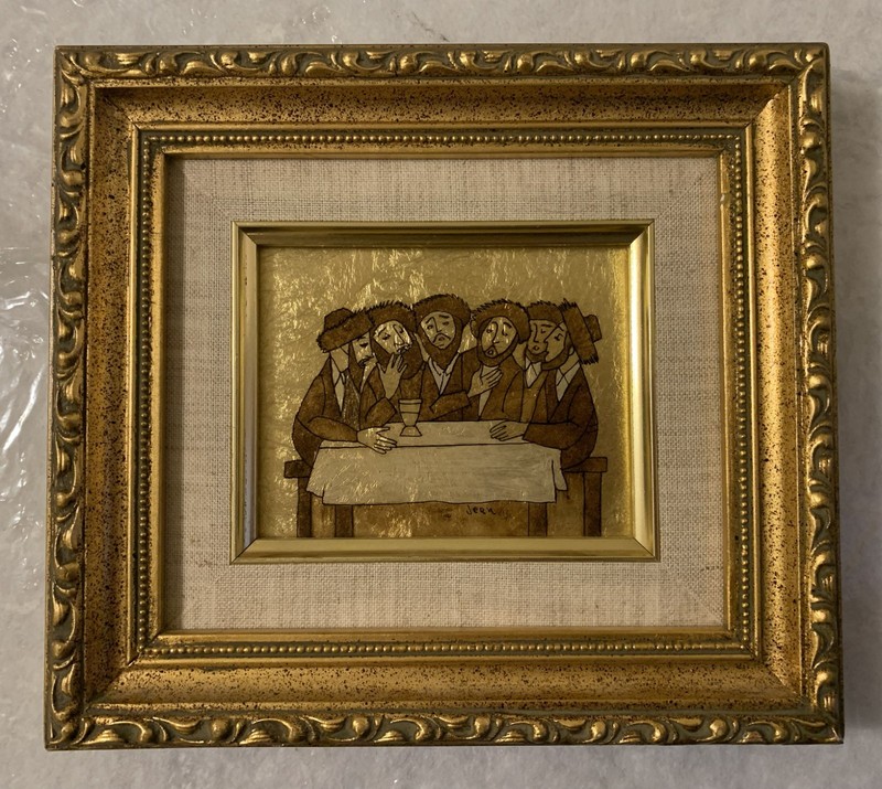original signed Religious Folk Art Gold Leaf Foil Painting Jewish Men Judaica