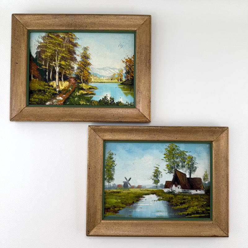 Vintage Pair Decor Art Paintings Dutch Style Landscape Farmhouse Windmill 8.75″