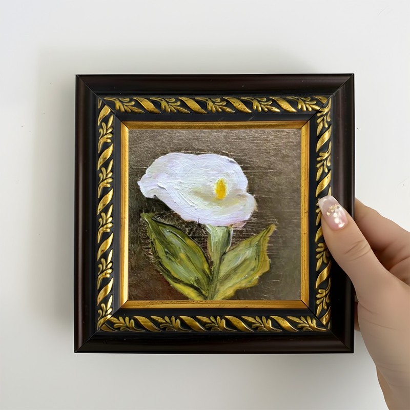 White Tulip Flower Oil Painting on 4×4 inch Brown Gold Framed Wall Decor