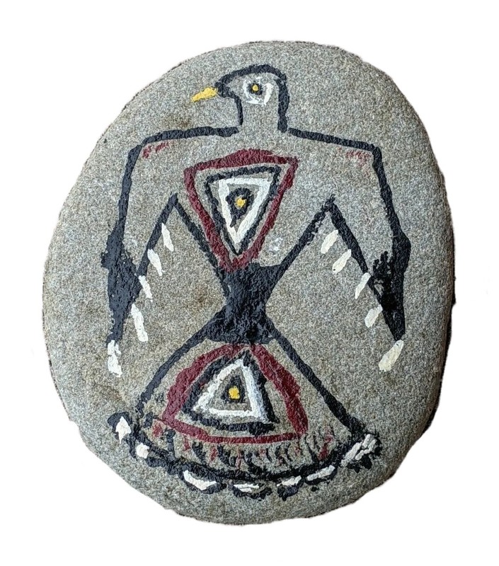 Thunderbird southwestern motif hand painted stone; 3 1/4″ x 2 5/8″, black, red