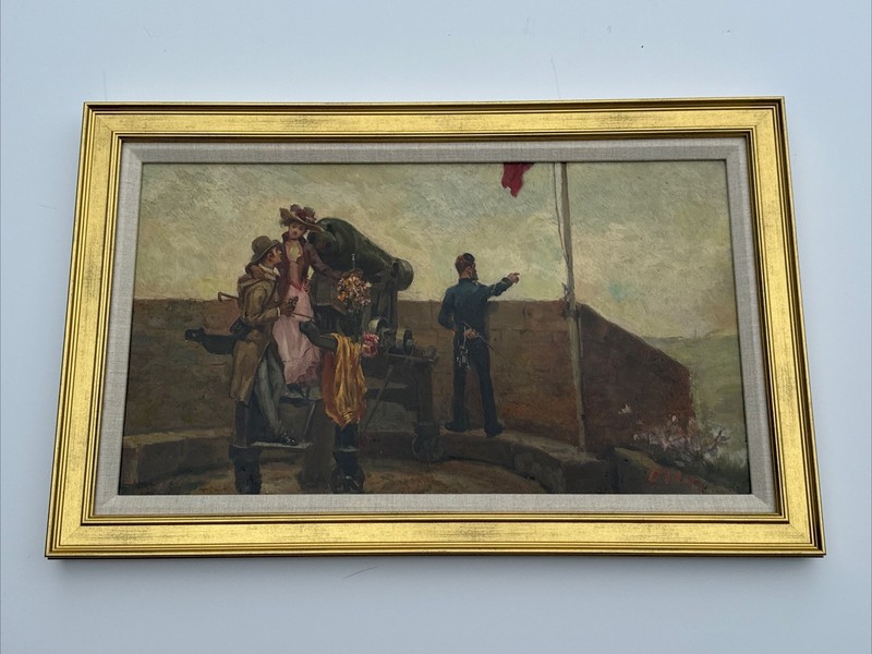 19TH CENTURY PAINTING WAR BATTLE CANNON MILITARY MAN WOMAN LANDMARK OIL OFFICER