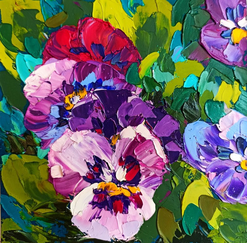Handmade Original Impasto kiss-me-quick Flowers Floral oil painting 7 by 7 in