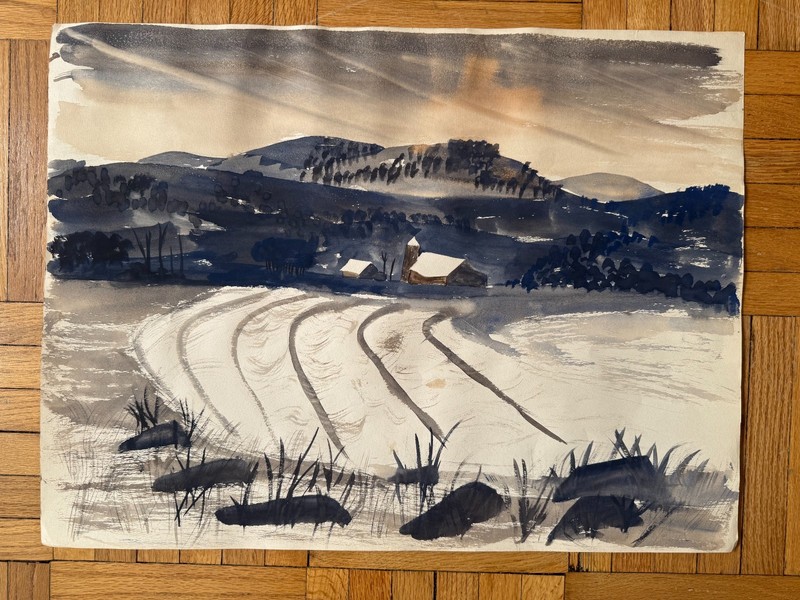 Vintage 1950’s Watercolor Painting Snowy Landscape Barn Field OOAK 18 x 24