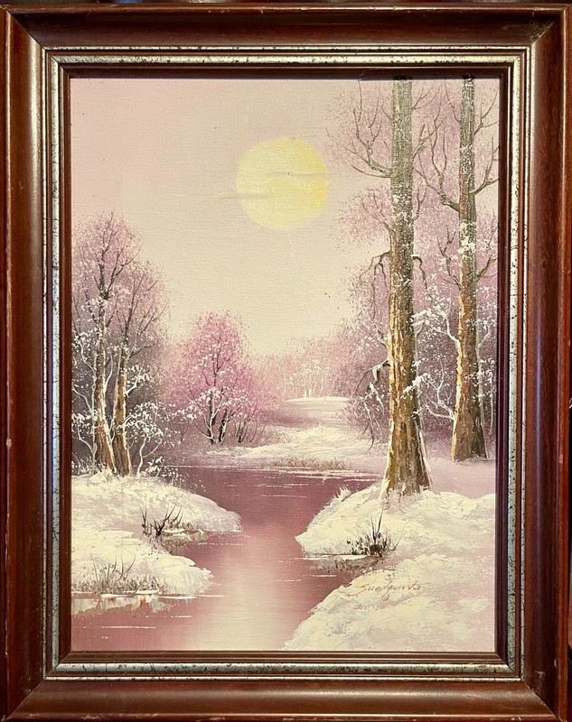 Original Signed Sundquist Winter Landscape Painting 12×16 Framed Canvas 1984