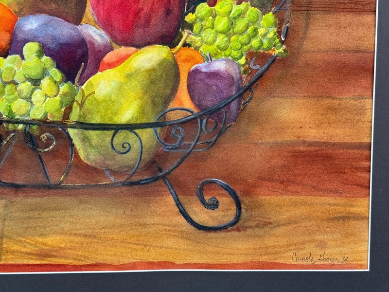 LARGE WATERCOLOR PAINTING SIGNED CONOLY GRAYER? ILLEGIBLE 2002 STILL LIFE FRUITS gallery