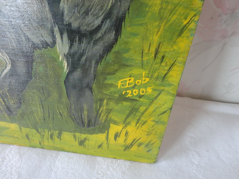 Original Painting Signed F Bob 2005 Wolf Wildlife On Plywood Board 15" x 8-5/8 gallery