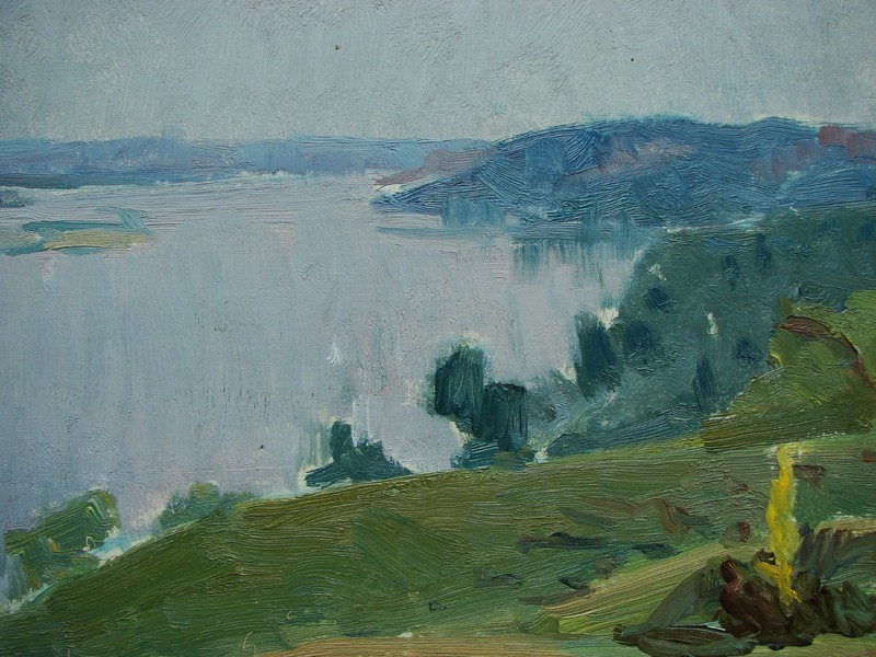 Ukrainian Soviet USSR Oil Painting impressionism landscape river sky clouds gallery