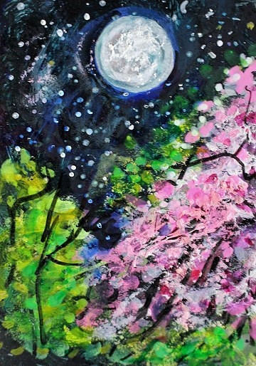ACEO Original PAINTING Spring TREES Night Moon Flower Nature Landscape ATC ART