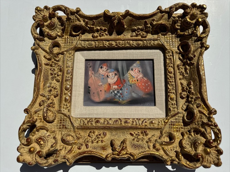 VINTAGE CIRCUS Musicians PAINTING SMALL WITH LARGE ORNATE FRAME 5 BY 7 " HORVATH gallery