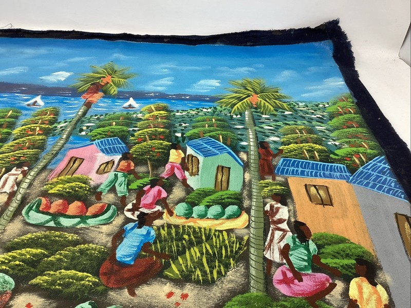 Vtg Signed Alaby HAITIAN Folk Art Marketplace Village Oil Painting 23.5”x20” gallery