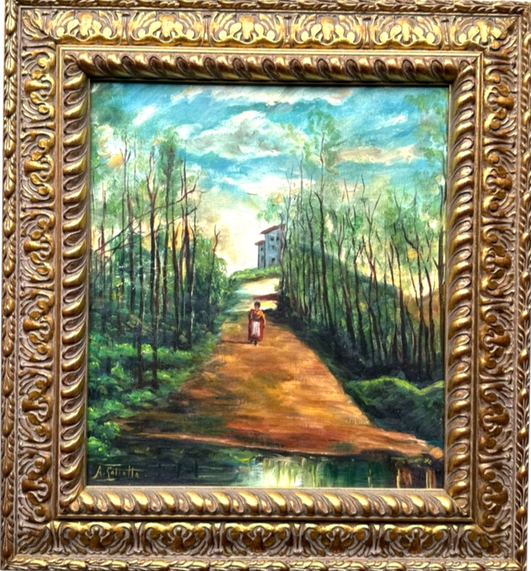 Signed A. Gallotti Original Oil on Canvas Italian Landscape Wooded Path Framed
