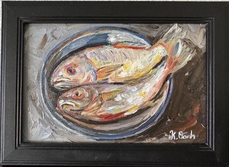 ORIGINAL OIL PAINTING STILL LIFE FISH SIGNED FRAMED 4×6