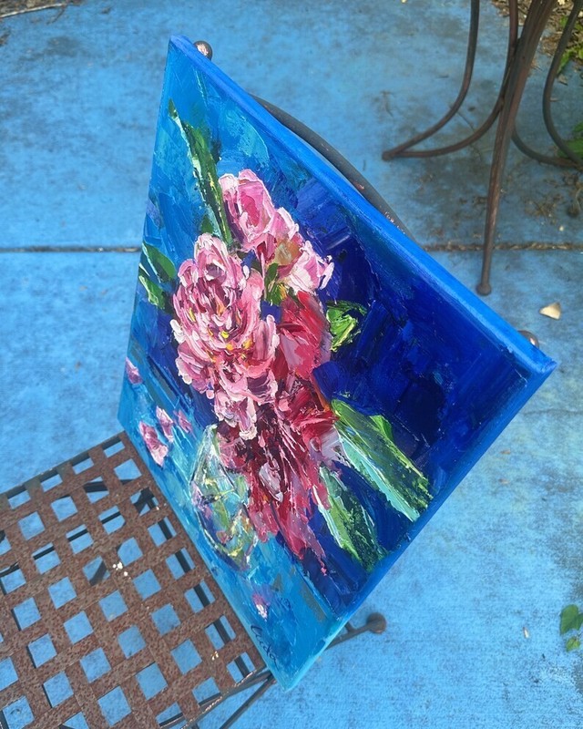 Floral Pink and Red Roses Flowers in a Glass Vase Oil Painting Canvas 20x16 Inch gallery