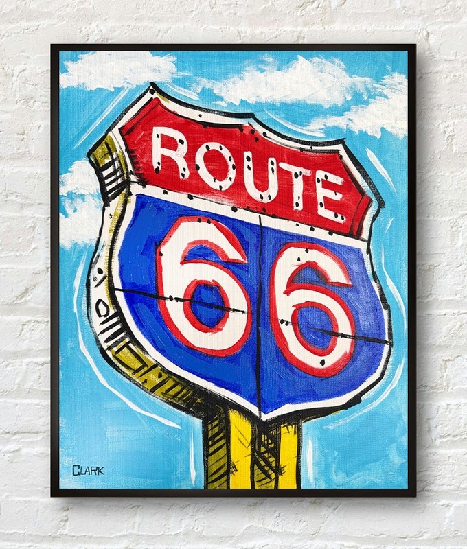 Original "Route 66" Sign Pop Art Acrylic Painting - 20x16" Stretched Canvas