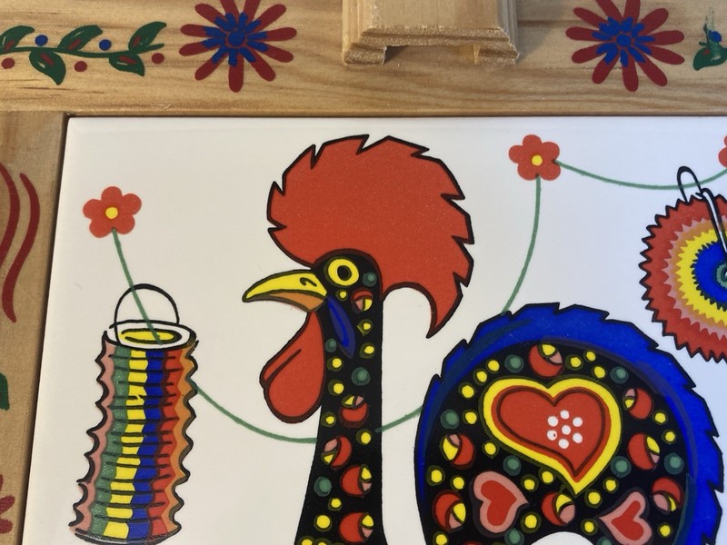 Hand-painted multicolor rooster trivet in a wooden frame Portugal signed Nuanca gallery