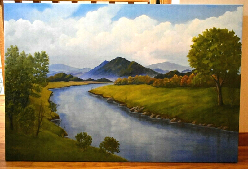 New River Oil Painting Blue Ridge Mountains North Carolina Signed Original 36″