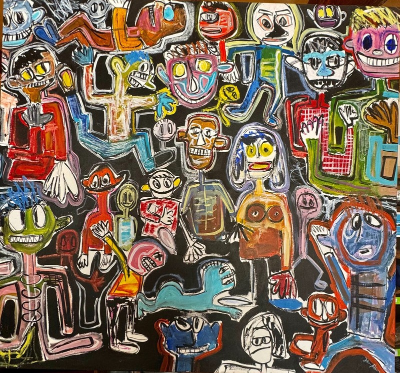 Original painting art brut outsider pop Graffiti «The Show Must Go On» fun