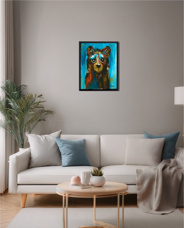 11x14 Original Bear Painting Colorful Cub Bear Portrait Folk Art Wildlife Cyan gallery