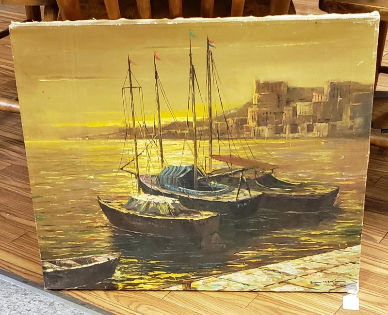 John Luini Oil Painting, Boats in the Harbor