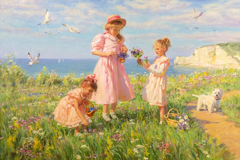 Girls on a coastal path pick flower paintings Canvas Giclee Art Print L2092