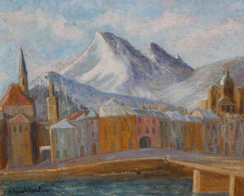 HILDEGARDE HAMILTON Circa 1940s European Village w/ Snowy Mountains oil unframed gallery