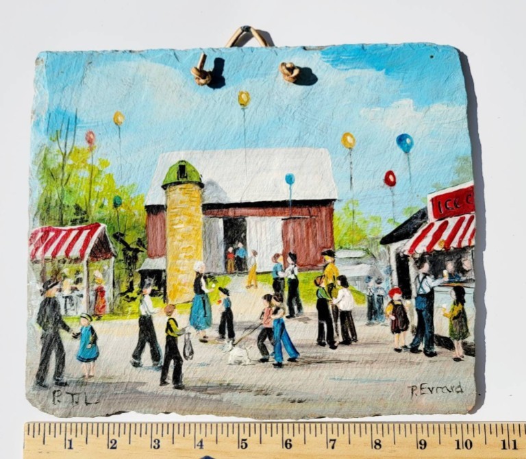 Oil On Slate Painting Amish PA Dutch Town Gathering County Fair Signed P. Evrard