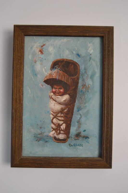 Vintage Apache Baby Native American Papoose Art Painting on Board Framed Signed
