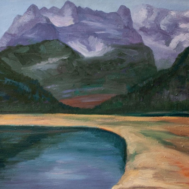 Irmgard Alsatian Mountain Landscape Monogram Framed Oil on MDF 20th Century Large Format